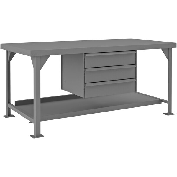 A grey Durham steel workbench with drawers and a shelf.