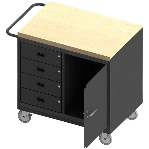 A black and wooden Durham Manufacturing mobile workstation with a wooden top and drawers.