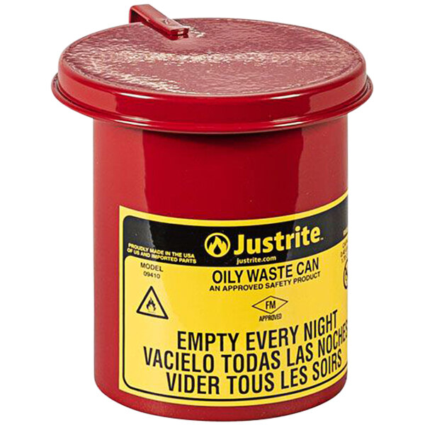 A red Justrite mini oily waste can with a white label.