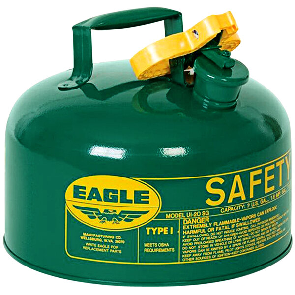 An Eagle green steel safety can for oil with a white and yellow logo.