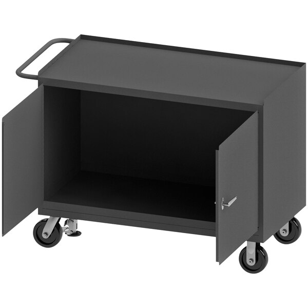 A black mobile steel workstation cart with doors open.