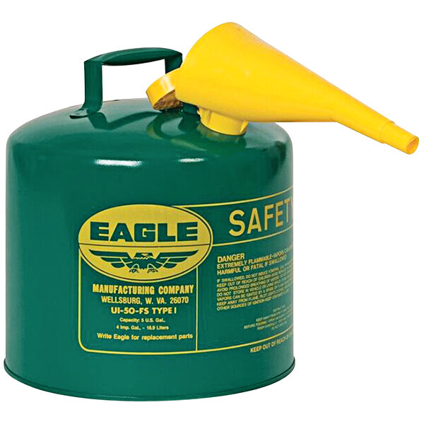 A green Eagle safety can with a yellow and green spout.