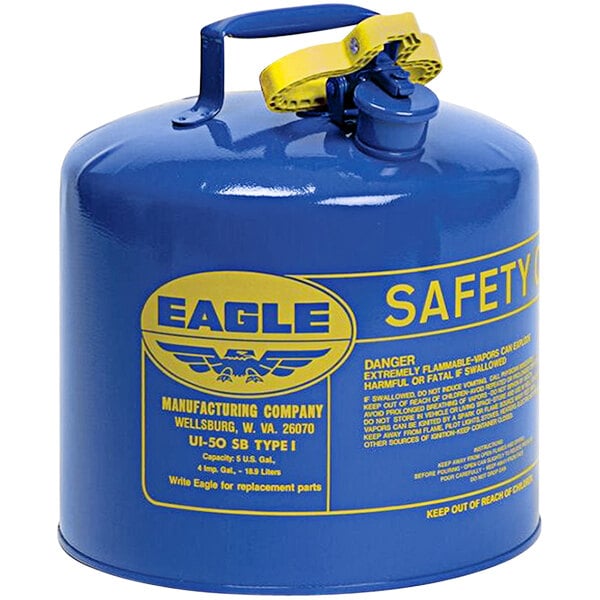 A blue Eagle safety can with yellow label and flame logo.