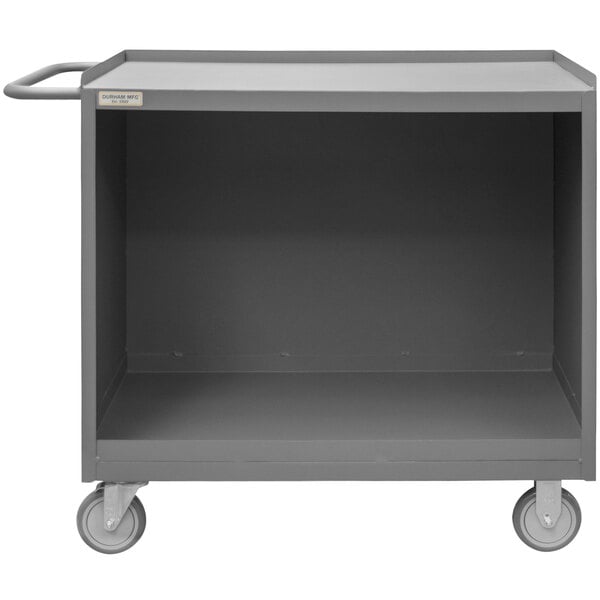 A gray Durham Mfg workstation cart with wheels.