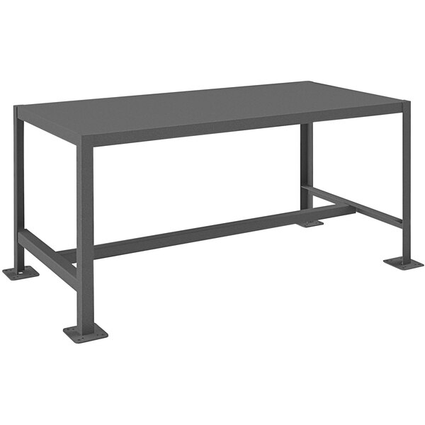 A grey rectangular Durham Mfg machine table with one black shelf.