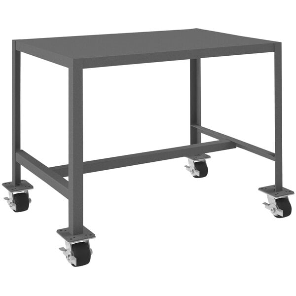 A gray metal Durham Mfg machine table with wheels.