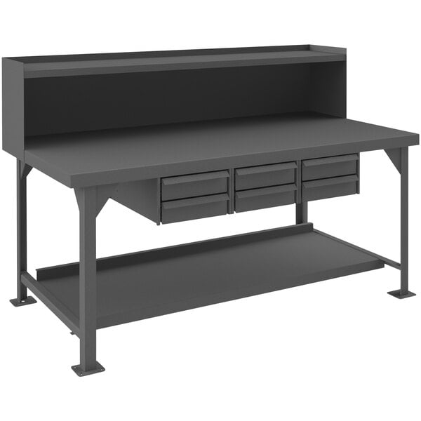 A black Durham extra heavy-duty steel workbench with 2 drawers.