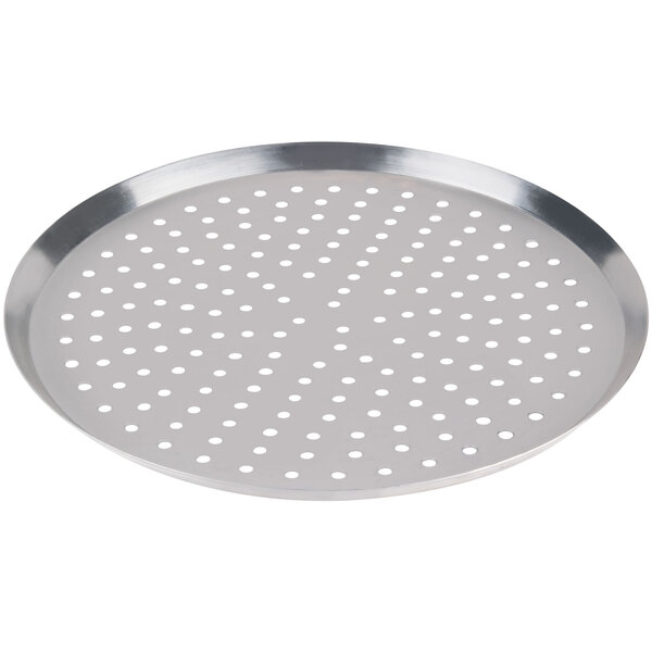 An American Metalcraft heavy weight aluminum pizza pan with holes.