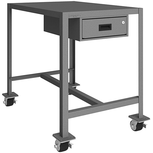A grey metal Durham machine table with a drawer on wheels.