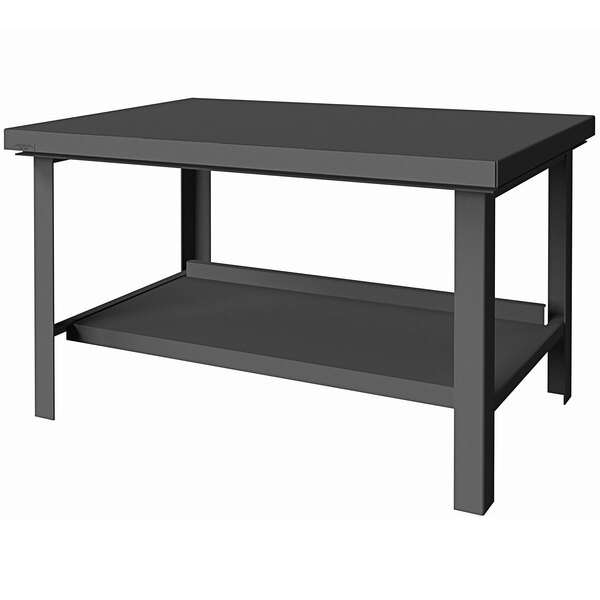 A black Durham steel workbench with a shelf.