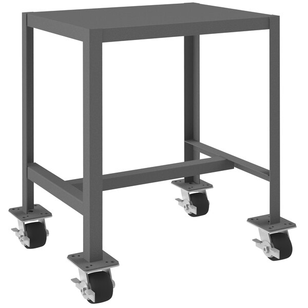 A grey metal Durham machine table with wheels.