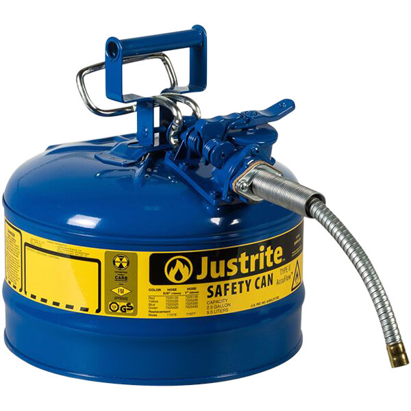 A blue Justrite safety can with a metal hose.