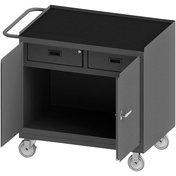 A black cart with two drawers on wheels.