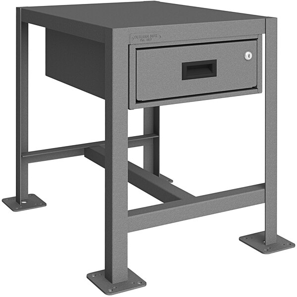 A grey metal rectangular Durham Mfg machine table with a drawer.