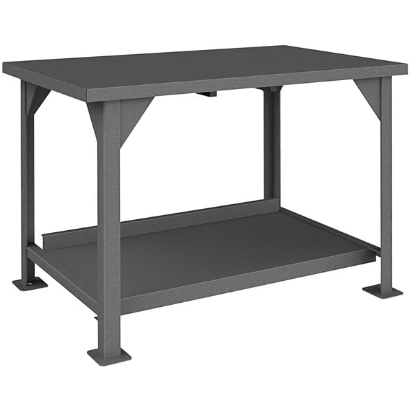 A grey heavy-duty steel Durham workbench with a black metal shelf on top.