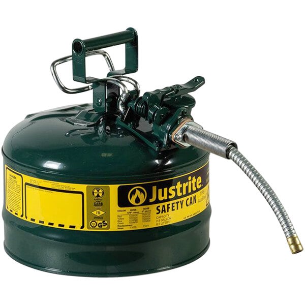 A green metal Justrite safety can with a metal hose attached.