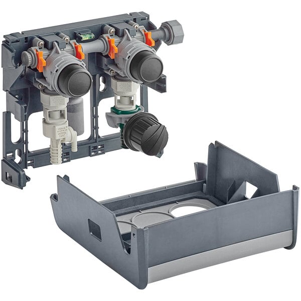 A grey plastic Dema Fusion Pro chemical dispenser with two parts inside.