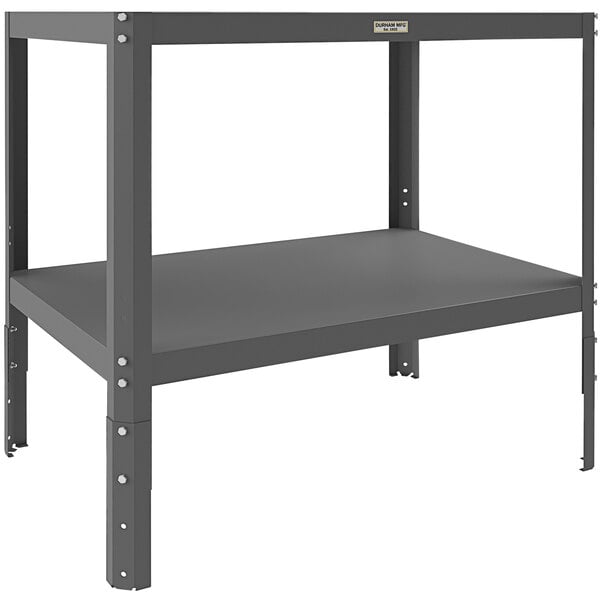 A grey metal Durham Mfg machine table with two shelves.