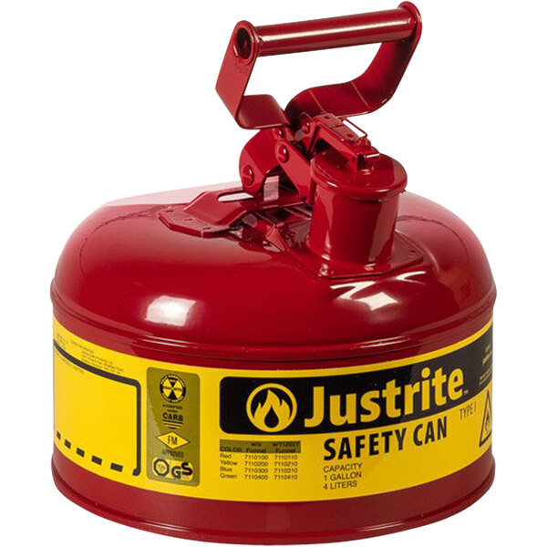 A red Justrite safety can for flammables with a yellow label.