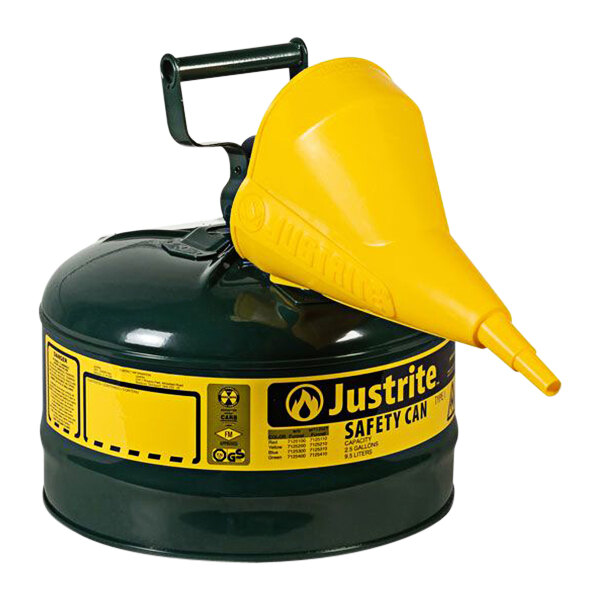 A green Justrite safety can with yellow accents and a yellow funnel.