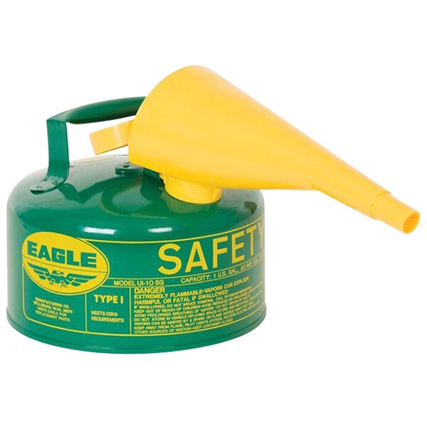 An Eagle Manufacturing green and yellow metal safety can with a yellow flame arrester nozzle.