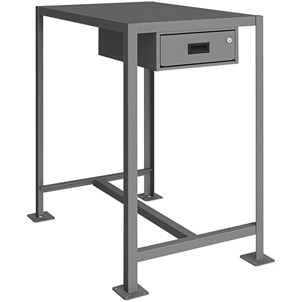 A grey rectangular Durham Mfg machine table with a drawer.