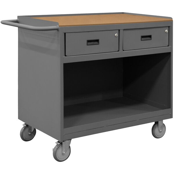 A gray Durham Mfg workstation cart with a brown hardboard top and two drawers.