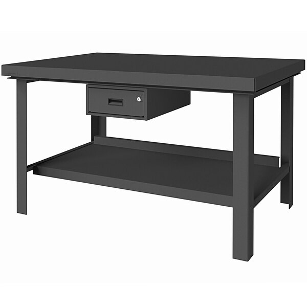 A black Durham Mfg extra heavy-duty steel workbench with a drawer.