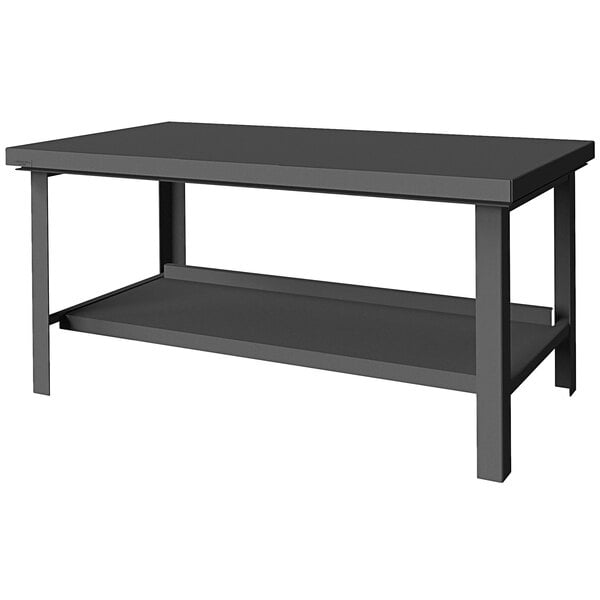 A black Durham Mfg steel workbench with 2 shelves.