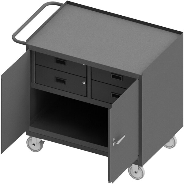 A black metal mobile workstation with open doors and drawers.
