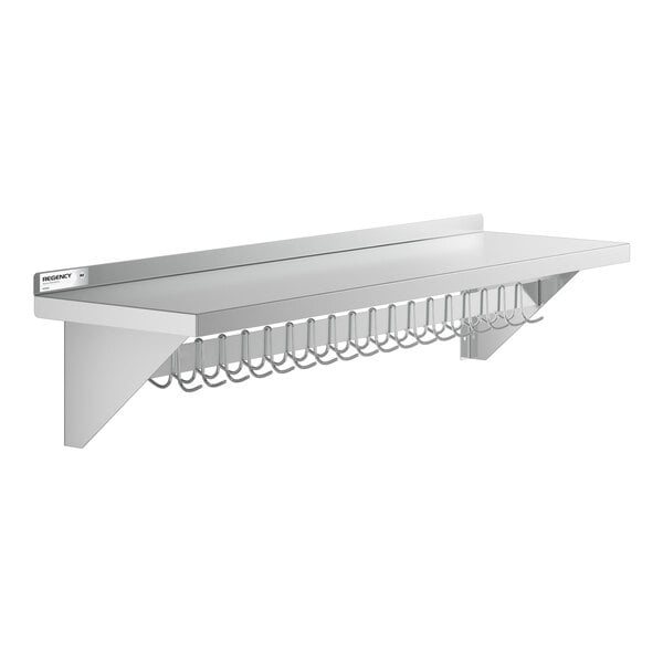 Regency 15" x 60" NSF Stainless Steel Wall-Mounted Pot Rack with Shelf and 18 Galvanized Hooks