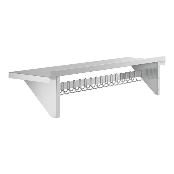 Regency 15" x 60" NSF Stainless Steel Wall-Mounted Pot Rack with Shelf and 18 Galvanized Hooks