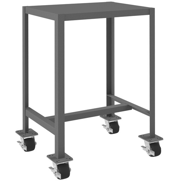 A gray metal table with four wheels.
