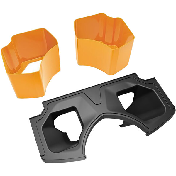 An orange plastic container and cups with black and orange accents.