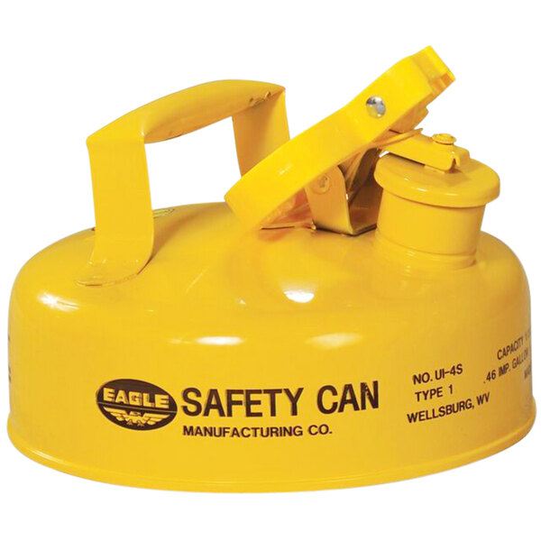 A yellow Eagle Manufacturing safety can with a lid and black text.