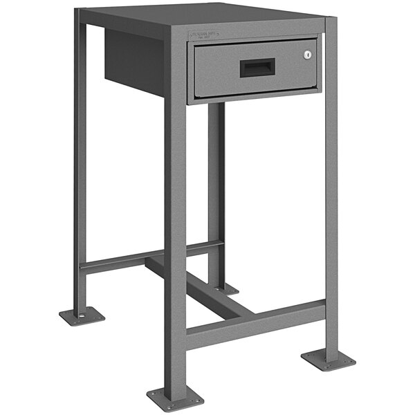 A grey metal rectangular Durham Mfg machine table with a drawer.