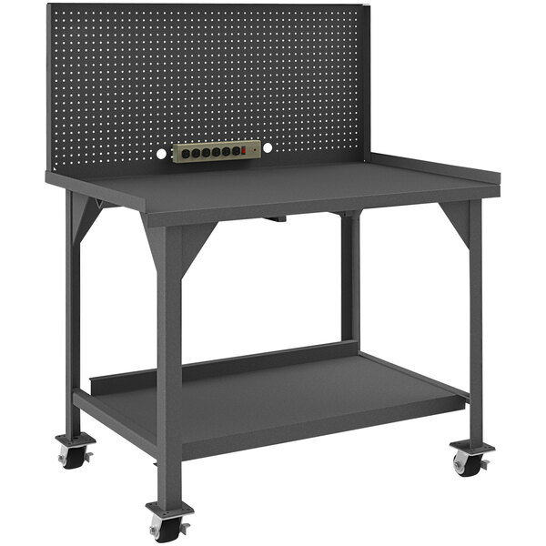 A black Durham Manufacturing mobile heavy-duty steel workbench with 2 shelves and a pegboard riser.
