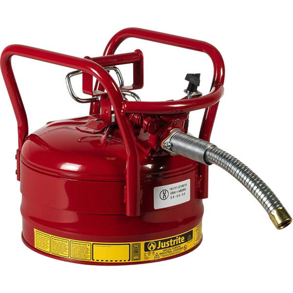 A red Justrite safety can with a metal hose attached.