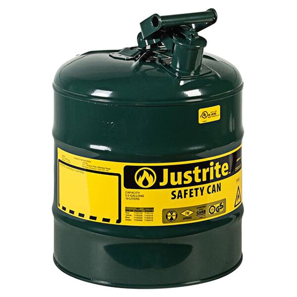 A green metal Justrite safety can with yellow label.