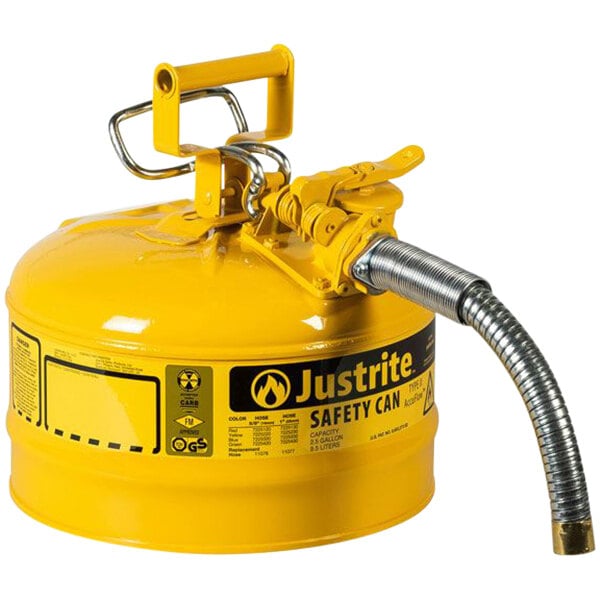 A yellow Justrite safety can with a handle and flexible hose.