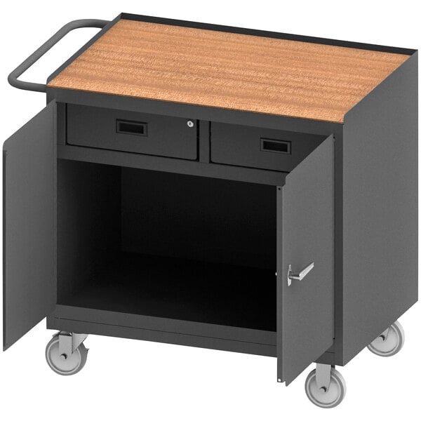 A black metal cart with a wooden top and two drawers.