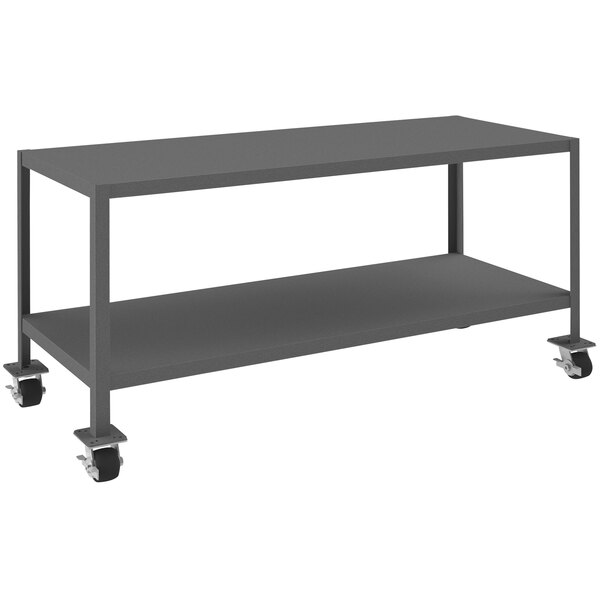 A grey metal Durham Manufacturing machine table with wheels.