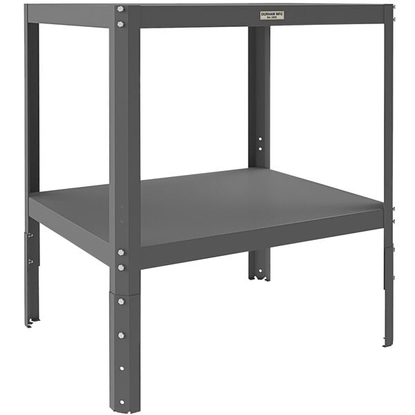 A grey metal Durham Mfg machine table with two shelves.