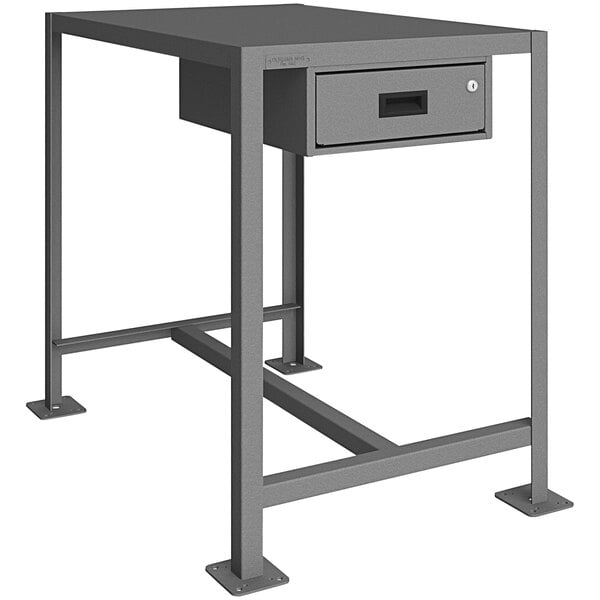 A grey rectangular Durham Mfg machine table with a drawer.