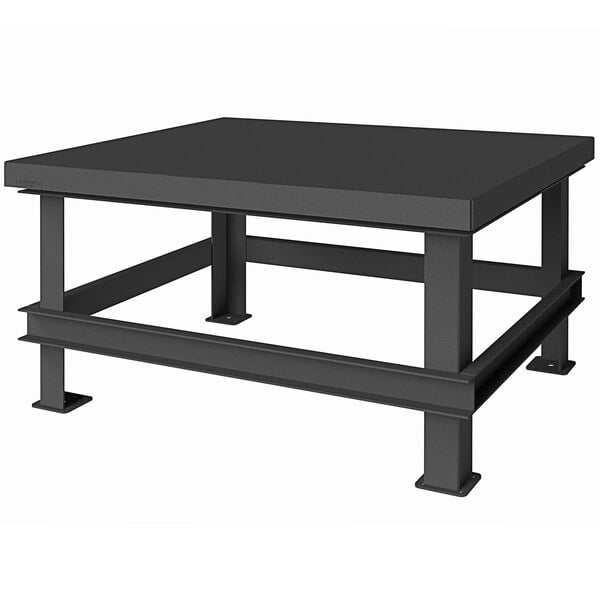 A black rectangular Durham Mfg steel workbench with metal legs.