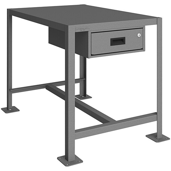 A grey rectangular Durham Mfg machine table with a drawer.