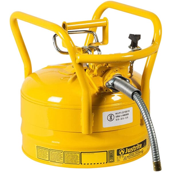 A yellow Justrite safety can with a metal hose attached.