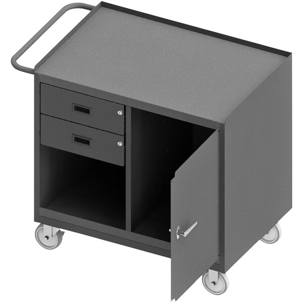 A grey metal Durham Mfg workstation cart with a door open.