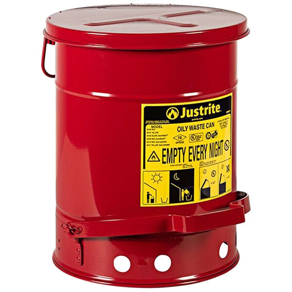 A red Justrite oily waste can with a SoundGard cover.