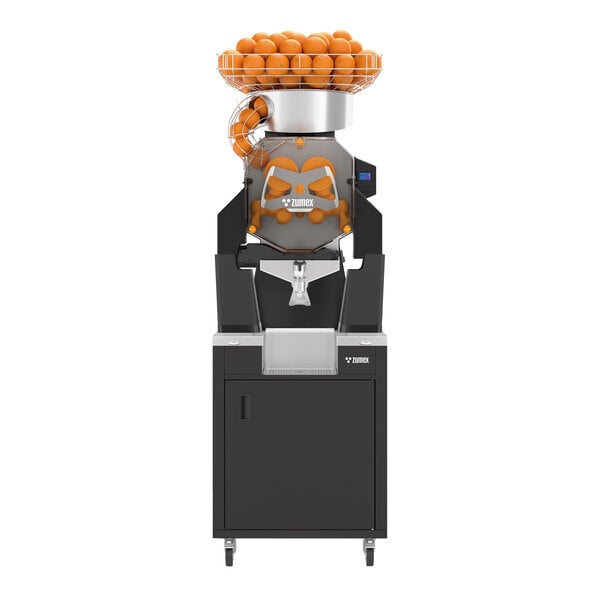 A high-capacity automatic feed juicer with a black podium, designed for self-service and capable of juicing up to 40 fruits per minute.